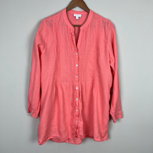 J Jill Love Linen Tunic Top LP Petite Large Coral Lagenlook Button Up Shirt - Picture 12 of 12